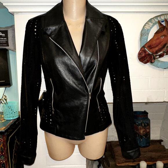 NEW SACHIN & BABI LIGHTWEIGHT LEATHER BIKER JACKET EYELET SLEEVES & BACK BELT - Picture 10 of 10